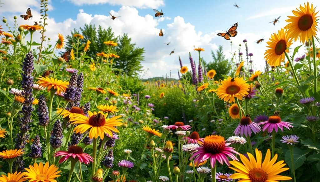 A vibrant ecological garden filled with various nectar-rich plants, showcasing a diverse range of honey plants in full bloom. In the foreground, colorful flowers like lavender, coneflowers, and sunflowers attract buzzing bees and fluttering butterflies, illustrating a harmonious relationship between flora and fauna. The middle ground features lush greenery with leafy shrubs and flowering herbs, creating a rich habitat for beneficial insects. The background includes a serene view of a blue sky with soft clouds and sunlight casting a warm glow over the garden, highlighting the beauty and tranquility of nature. The composition should evoke a sense of peaceful coexistence, emphasizing environmental care. Capture this enchanting scene with a wide-angle lens to convey depth and richness, ensuring no text or watermarks disrupt the image. Brand reference: sadzielony.pl. A vibrant ecological garden filled with various nectar-rich plants, showcasing a diverse range of honey plants in full bloom. In the foreground, colorful flowers like lavender, coneflowers, and sunflowers attract buzzing bees and fluttering butterflies, illustrating a harmonious relationship between flora and fauna. The middle ground features lush greenery with leafy shrubs and flowering herbs, creating a rich habitat for beneficial insects. The background includes a serene view of a blue sky with soft clouds and sunlight casting a warm glow over the garden, highlighting the beauty and tranquility of nature. The composition should evoke a sense of peaceful coexistence, emphasizing environmental care. Capture this enchanting scene with a wide-angle lens to convey depth and richness, ensuring no text or watermarks disrupt the image. Brand reference: sadzielony.pl.