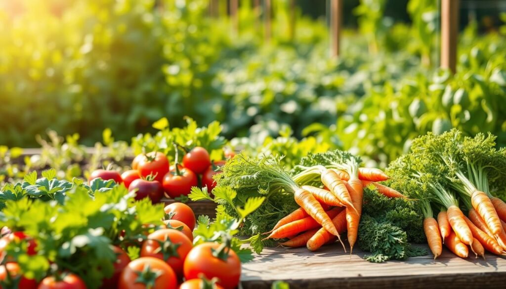 A vibrant, flourishing organic vegetable garden brimming with fresh produce. In the foreground, showcase a variety of colorful, chemical-free vegetables such as bright red tomatoes, crisp green lettuce, and vibrant orange carrots with lush greens still attached. In the middle ground, a rustic wooden table displays freshly harvested vegetables, reflecting the essence of sustainability. The background showcases a sunny, serene farm setting with soft, warm sunlight filtering through green, leafy plants, creating a peaceful atmosphere. The scene is imbued with a sense of vitality and healthiness, highlighting the beauty of organically grown vegetables. The image should emphasize the rich colors and textures, evoking a fresh, natural ambiance, promoting the values of "sadzielony.pl". A vibrant, flourishing organic vegetable garden brimming with fresh produce. In the foreground, showcase a variety of colorful, chemical-free vegetables such as bright red tomatoes, crisp green lettuce, and vibrant orange carrots with lush greens still attached. In the middle ground, a rustic wooden table displays freshly harvested vegetables, reflecting the essence of sustainability. The background showcases a sunny, serene farm setting with soft, warm sunlight filtering through green, leafy plants, creating a peaceful atmosphere. The scene is imbued with a sense of vitality and healthiness, highlighting the beauty of organically grown vegetables. The image should emphasize the rich colors and textures, evoking a fresh, natural ambiance, promoting the values of "sadzielony.pl".