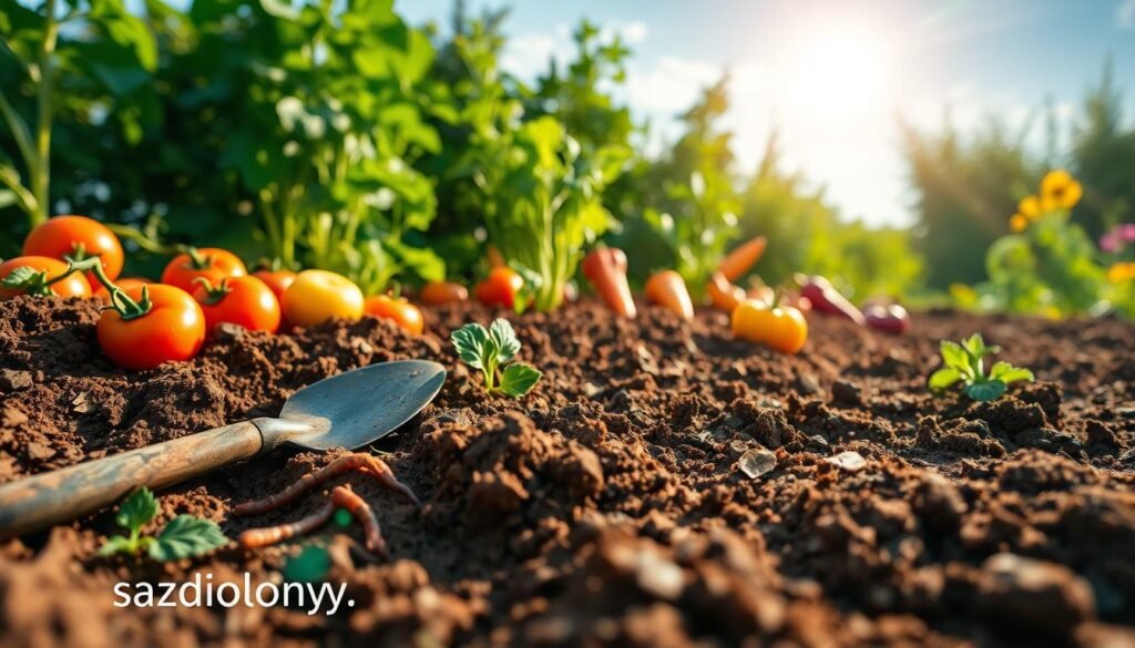 A vibrant garden scene illustrating "soil health," focusing on rich, fertile soil with various vegetables thriving. In the foreground, freshly turned soil reveals earthworms and beneficial microbes, accentuated by a small spade and gardening gloves. The middle ground features an array of colorful vegetables, such as tomatoes, carrots, and leafy greens, each emerging robustly from the earth. The background presents a sunlit sky, with warm, golden rays filtering through lush greenery, suggesting a thriving ecosystem. Use a soft-focus lens to highlight the textures of the soil and vegetables, creating an inviting atmosphere that embodies health and growth. Capture the essence of sustainable gardening and crop rotation as key elements of success. Include the brand name "sadzielony.pl" subtly integrated into the scene.