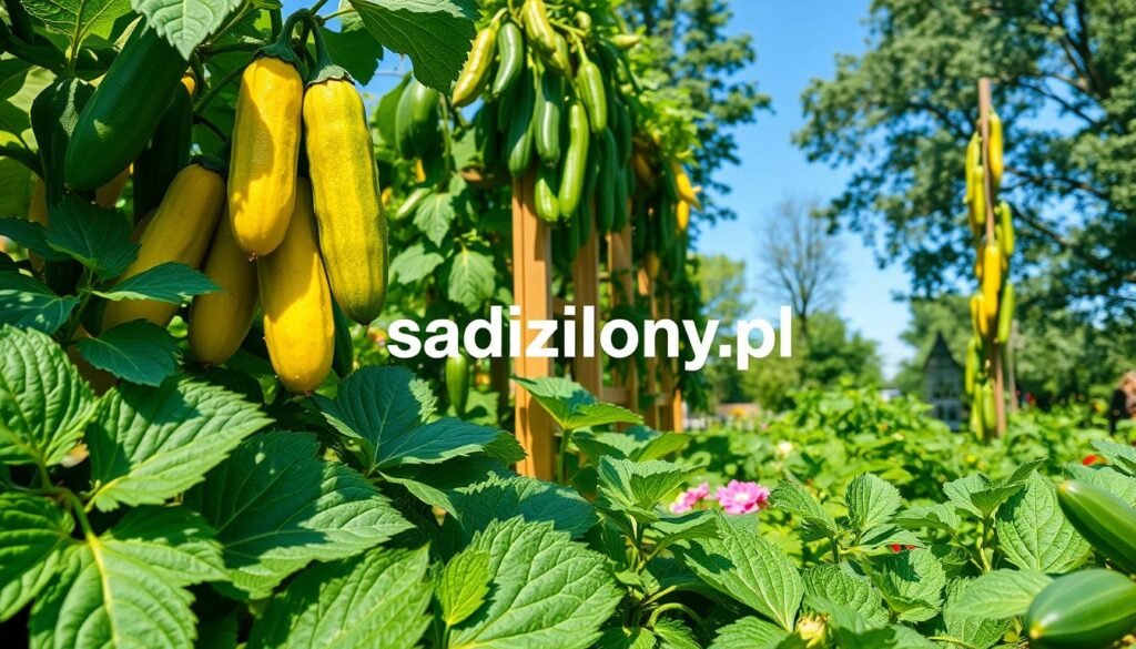A vibrant garden scene showcasing a diverse selection of cucumber varieties, arranged in a visually appealing composition. In the foreground, close-up shots of cucumber plants with richly textured leaves and bright, glossy fruits in various shades of green and yellow. In the middle ground, a wooden trellis adorned with climbing cucumber vines, displaying their unique shapes and colors. The background features a sunny garden setting with a clear blue sky and soft, dappled light filtering through trees, creating a warm and inviting atmosphere. The focus should be on the lush biodiversity of cucumber types, emphasizing their beauty and potential for organic gardening. The brand name "sadzielony.pl" subtly integrated within the scene, enhancing the overall composition.
