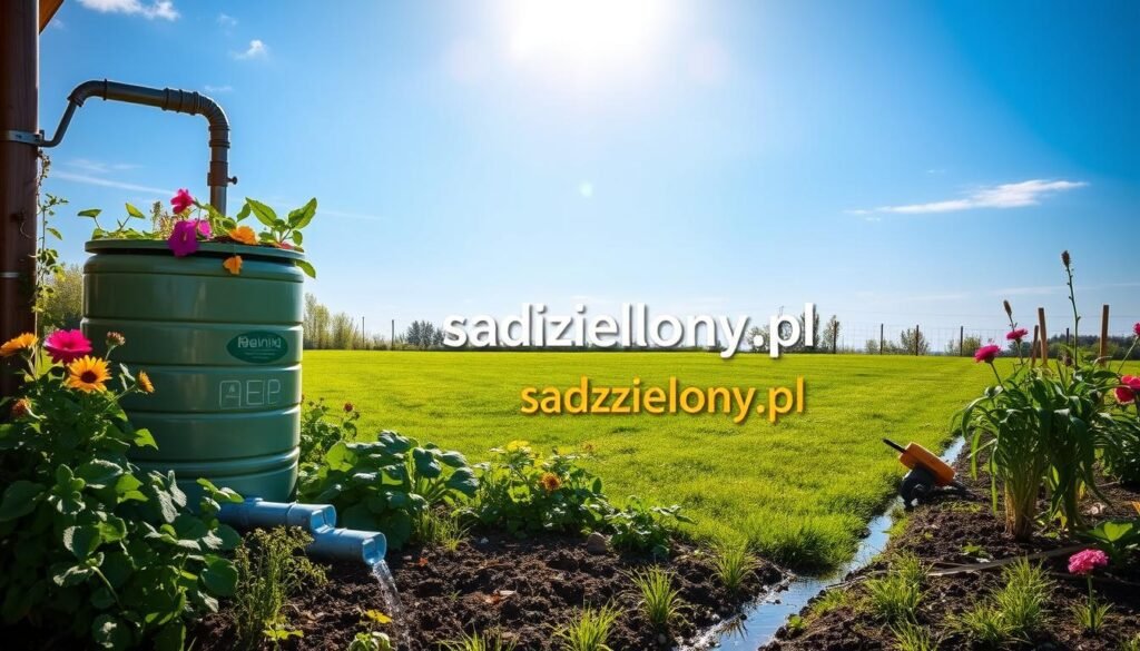 A vibrant garden scene showcasing a rainwater harvesting system in action. In the foreground, a well-designed rain barrel, adorned with natural elements like flowers and greenery, captures rainwater. Surrounding it, a variety of thriving plants, including vegetables and colorful flowers, demonstrate the successful use of collected rainwater for irrigation. In the middle ground, a lush lawn stretches out, dotted with garden tools, while a gentle stream of water flows from the rain barrel to the plants. The background features a clear blue sky with soft sunlight illuminating the garden, casting gentle shadows. This image conveys a serene and eco-friendly atmosphere, emphasizing the benefits of utilizing rainwater as a free irrigation source. Display the brand name "sadzielony.pl" subtly integrated into the scene. A vibrant garden scene showcasing a rainwater harvesting system in action. In the foreground, a well-designed rain barrel, adorned with natural elements like flowers and greenery, captures rainwater. Surrounding it, a variety of thriving plants, including vegetables and colorful flowers, demonstrate the successful use of collected rainwater for irrigation. In the middle ground, a lush lawn stretches out, dotted with garden tools, while a gentle stream of water flows from the rain barrel to the plants. The background features a clear blue sky with soft sunlight illuminating the garden, casting gentle shadows. This image conveys a serene and eco-friendly atmosphere, emphasizing the benefits of utilizing rainwater as a free irrigation source. Display the brand name "sadzielony.pl" subtly integrated into the scene.
