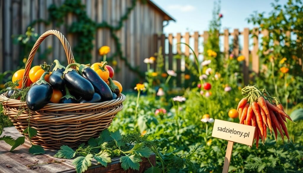 A vibrant garden scene showcasing a variety of heirloom vegetables, including deep purple eggplants, golden heirloom tomatoes, and twisted, colorful carrots. In the foreground, a rustic wooden table holds a basket overflowing with these unique vegetables, emphasizing their shape and texture. In the middle ground, the garden is lush with greenery, featuring flowering plants that attract pollinators, creating a sense of biodiversity. The background includes a wooden fence with climbing vines and a clear blue sky casting soft, warm sunlight that highlights the vivid colors of the vegetables. The atmosphere is inviting and serene, evoking a sense of ecological harmony and the joy of gardening. The brand name "sadzielony.pl" subtly integrated into the scene, perhaps on a small garden sign.