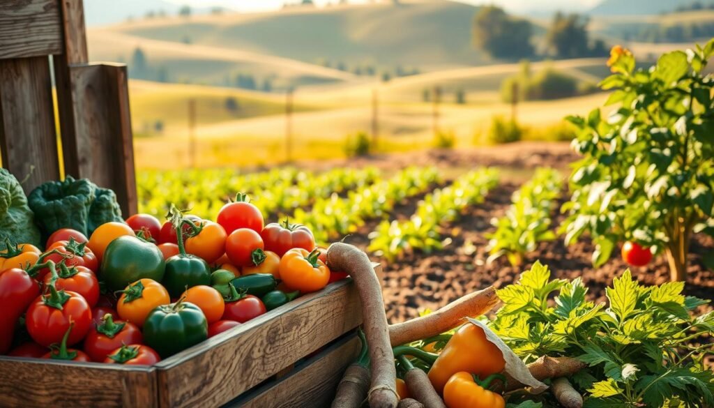 A vibrant, rustic scene showcasing a variety of heirloom vegetables, meticulously arranged in a wooden crate. The foreground features an array of colorful tomatoes, peppers, and root vegetables, each showcasing their unique textures and colors. In the middle ground, a lush garden is depicted with heirloom plants growing in rich soil, surrounded by vibrant green foliage. The background reveals a soft-focus landscape of rolling hills under warm, golden sunlight, creating a tranquil atmosphere. The image captures the essence of heirloom varieties, emphasizing their organic and ecological significance. Natural lighting enhances the colors, while a shallow depth of field draws attention to the vegetables. The style reflects a blend of realism and artistic presentation, perfect for educating readers about traditional vegetable varieties on "sadzielony.pl".
