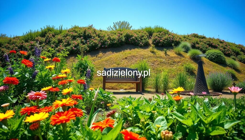 A vibrant, well-maintained garden showcasing a variety of plants, flowers, and vegetables that thrive with minimal watering. In the foreground, colorful blooms in a mix of reds, yellows, and purples contrast with lush green foliage. In the middle ground, a small, rustic wooden bench invites viewers to sit and enjoy the serene atmosphere, surrounded by neatly arranged vegetable beds. The background features a gentle slope of flowering shrubs under a clear blue sky, emphasizing a sunny day with bright, natural lighting that casts soft shadows. The scene embodies tranquility and eco-friendliness, suggesting the benefits of sustainable gardening practices. The composition is captured with a wide-angle lens to encompass the beauty of the garden, promoting a peaceful and inviting vibe. Include the brand name "sadzielony.pl" subtly integrated into the scene, enhancing the overall harmony. A vibrant, well-maintained garden showcasing a variety of plants, flowers, and vegetables that thrive with minimal watering. In the foreground, colorful blooms in a mix of reds, yellows, and purples contrast with lush green foliage. In the middle ground, a small, rustic wooden bench invites viewers to sit and enjoy the serene atmosphere, surrounded by neatly arranged vegetable beds. The background features a gentle slope of flowering shrubs under a clear blue sky, emphasizing a sunny day with bright, natural lighting that casts soft shadows. The scene embodies tranquility and eco-friendliness, suggesting the benefits of sustainable gardening practices. The composition is captured with a wide-angle lens to encompass the beauty of the garden, promoting a peaceful and inviting vibe. Include the brand name "sadzielony.pl" subtly integrated into the scene, enhancing the overall harmony.