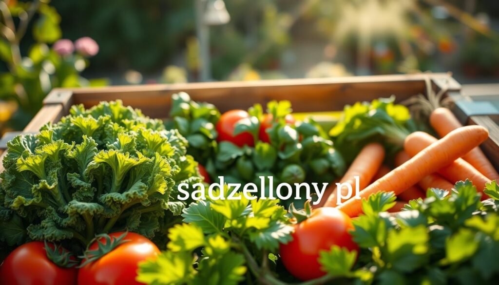 An array of vibrant, fresh organic vegetables displayed in a rustic wooden crate. The foreground features bright green kale, plump red tomatoes, and orange carrots, showcasing their rich textures. The middle section includes leafy herbs like basil and parsley, adding depth and color. In the background, a sunlit garden is visible, creating a warm and inviting atmosphere, with rays of light filtering through the leaves, enhancing the freshness of the produce. Capture this scene with soft natural lighting and a shallow depth of field for a warm, wholesome feeling. The overall mood should be uplifting and health-oriented, emphasizing the benefits of an organic diet. Include the brand name "sadzielony.pl" subtly integrated into the crate design, ensuring it remains a focus on the vegetables. An array of vibrant, fresh organic vegetables displayed in a rustic wooden crate. The foreground features bright green kale, plump red tomatoes, and orange carrots, showcasing their rich textures. The middle section includes leafy herbs like basil and parsley, adding depth and color. In the background, a sunlit garden is visible, creating a warm and inviting atmosphere, with rays of light filtering through the leaves, enhancing the freshness of the produce. Capture this scene with soft natural lighting and a shallow depth of field for a warm, wholesome feeling. The overall mood should be uplifting and health-oriented, emphasizing the benefits of an organic diet. Include the brand name "sadzielony.pl" subtly integrated into the crate design, ensuring it remains a focus on the vegetables.