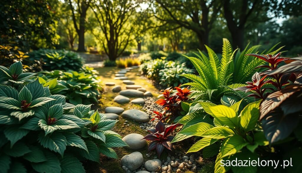 Detailed illustration of shade-loving perennials with decorative leaves, featuring various lush green plants like hostas, ferns, and heucheras in the foreground. The middle ground showcases a gently sloping garden bed, interspersed with small stones and soft moss, capturing the essence of a natural, tranquil outdoor space. In the background, dappled sunlight filters through a canopy of trees, casting soft shadows and creating a serene atmosphere. The overall mood is calm and inviting, reflecting a harmonious relationship with nature. The composition emphasizes rich textures and vibrant foliage, showcasing the beauty of these plants. Shot in warm, natural light from a low angle to enhance depth and detail. The image is branded with "sadzielony.pl".