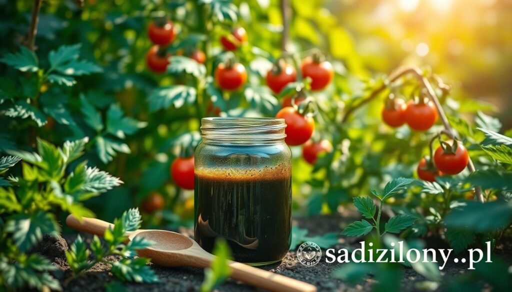 Lush green tomato plants thriving in a sunlit garden, surrounded by vibrant nettles showcasing the homemade nettle fertilizer preparation. In the foreground, a glass jar filled with the dark, rich gnojówki pokrzywy, reflecting the sunlight, with a wooden spoon beside it. In the middle ground, healthy tomato plants with ripe red fruits, a few leaves glistening with morning dew. The background features a blurred garden landscape, emphasizing natural beauty, with hints of foliage and soft sunlight filtering through the leaves. The scene conveys a mood of vitality and sustainable gardening, ideal for eco-friendly practices. Soft, warm lighting enhances the freshness and richness of the garden atmosphere. Watermark-free visuals. Include subtle branding for "sadzielony.pl" integrated into the garden setting.