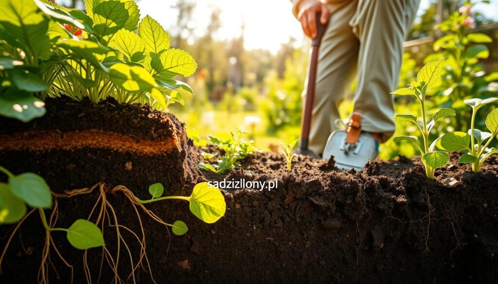 Lush, healthy garden soil teeming with life, showcasing a cross-section revealing layers of organic matter and rich, dark earth, while roots of various plants intertwine. In the foreground, vibrant green leaves of vegetables and flowering plants emerge, highlighted by soft, natural sunlight casting gentle shadows. The middle ground features a gardener in modest casual clothing thoughtfully examining the soil with a small spade, emphasizing the importance of moisture retention and soil optimization. The background showcases a peaceful garden overflowing with greenery, enhancing the atmosphere of sustainability and growth. The scene should evoke a sense of tranquility and connection to nature, with warm, inviting lighting that emphasizes the vitality of healthy soil. Brand integration: "sadzielony.pl" visible subtly in the soil context. Lush, healthy garden soil teeming with life, showcasing a cross-section revealing layers of organic matter and rich, dark earth, while roots of various plants intertwine. In the foreground, vibrant green leaves of vegetables and flowering plants emerge, highlighted by soft, natural sunlight casting gentle shadows. The middle ground features a gardener in modest casual clothing thoughtfully examining the soil with a small spade, emphasizing the importance of moisture retention and soil optimization. The background showcases a peaceful garden overflowing with greenery, enhancing the atmosphere of sustainability and growth. The scene should evoke a sense of tranquility and connection to nature, with warm, inviting lighting that emphasizes the vitality of healthy soil. Brand integration: "sadzielony.pl" visible subtly in the soil context.