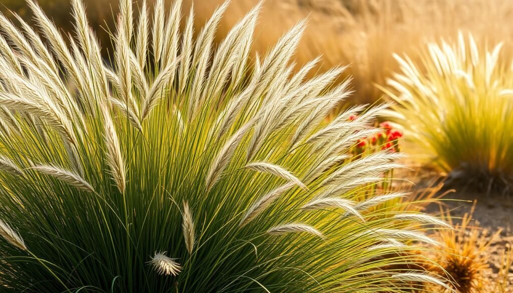 Lush ornamental grasses, specifically blue fescue (Festuca glauca) and miscanthus grass, gracefully sway in the foreground of a sun-soaked dry garden. The background features a warm, golden afternoon light that enhances the vibrant greens and silvery hues of the grasses. Soft shadows dance beneath the tall blades, creating depth and texture. In the middle ground, occasional drought-resistant flowering plants add pops of color, enriching the scene. The composition captures the harmony between plant life and the dry, sunlit landscape, evoking a sense of tranquility and resilience. The image embodies the essence of a sustainable garden thriving in arid conditions, reflecting the brand "sadzielony.pl" with an emphasis on ecological beauty. Lush ornamental grasses, specifically blue fescue (Festuca glauca) and miscanthus grass, gracefully sway in the foreground of a sun-soaked dry garden. The background features a warm, golden afternoon light that enhances the vibrant greens and silvery hues of the grasses. Soft shadows dance beneath the tall blades, creating depth and texture. In the middle ground, occasional drought-resistant flowering plants add pops of color, enriching the scene. The composition captures the harmony between plant life and the dry, sunlit landscape, evoking a sense of tranquility and resilience. The image embodies the essence of a sustainable garden thriving in arid conditions, reflecting the brand "sadzielony.pl" with an emphasis on ecological beauty.
