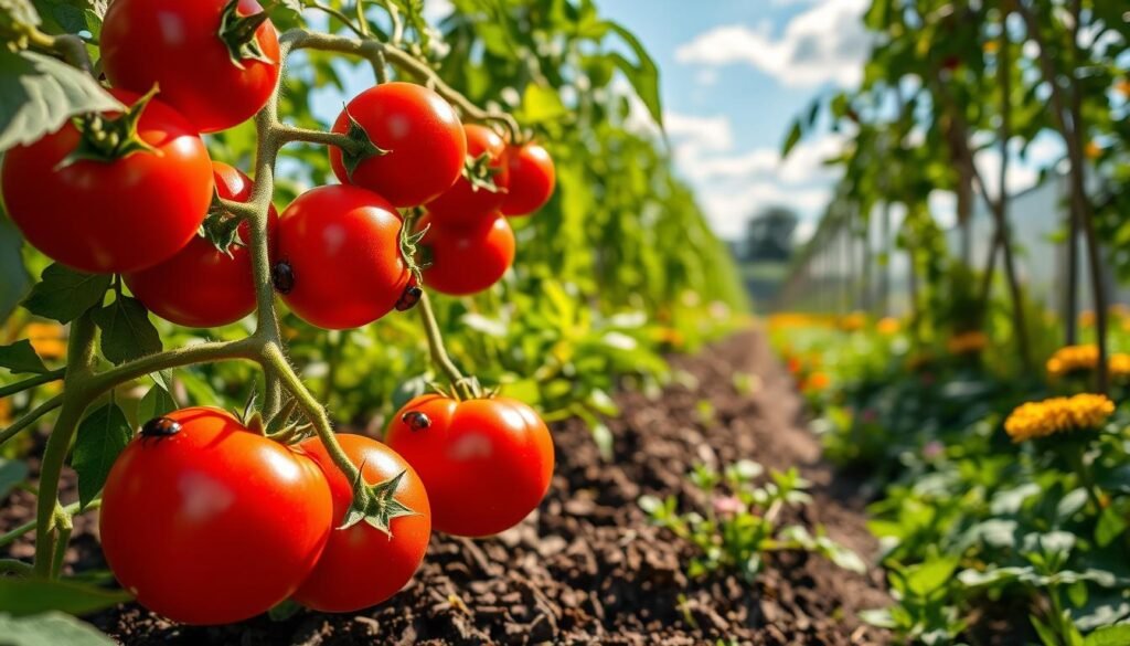 Lush red tomatoes growing on sturdy green vines, surrounded by rich, healthy soil, showcasing natural pest control methods like ladybugs and other beneficial insects. In the foreground, ripe tomatoes gleam under soft, golden sunlight, casting delicate shadows to accentuate their plumpness. The middle ground features a vibrant garden overflowing with greenery, dotted with flowers that attract pollinators. The background reveals a serene outdoor setting with a blue sky and gentle clouds, suggesting a healthy ecosystem. The atmosphere is vibrant, organic, and thriving, reflecting sustainable gardening practices. Captured with a macro lens for detail, the angle focuses on the tomatoes and insects, embodying the essence of chemical-free cultivation. Watermarked subtly with "sadzielony.pl".