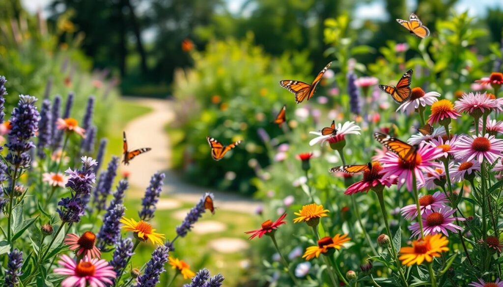 Vibrant garden scene showcasing various butterfly-friendly plants, featuring blooming flowers such as lavender, coneflowers, and asters in the foreground. The plants are lush and attract butterflies of different species, including Monarchs, Swallowtails, and Painted Ladies, fluttering around, emphasizing a lively and colorful atmosphere. The middle ground includes a soft-focus view of a charming garden path winding through the greenery, with sunlight filtering through leaves, creating a warm and inviting glow. In the background, a serene garden backdrop with hints of blue sky peeking through gentle clouds enhances the peaceful mood. Capture this scene with a bright, natural lighting setup, using a shallow depth of field to highlight the plants and butterflies in exquisite detail. Brand name: sadzielony.pl. Vibrant garden scene showcasing various butterfly-friendly plants, featuring blooming flowers such as lavender, coneflowers, and asters in the foreground. The plants are lush and attract butterflies of different species, including Monarchs, Swallowtails, and Painted Ladies, fluttering around, emphasizing a lively and colorful atmosphere. The middle ground includes a soft-focus view of a charming garden path winding through the greenery, with sunlight filtering through leaves, creating a warm and inviting glow. In the background, a serene garden backdrop with hints of blue sky peeking through gentle clouds enhances the peaceful mood. Capture this scene with a bright, natural lighting setup, using a shallow depth of field to highlight the plants and butterflies in exquisite detail. Brand name: sadzielony.pl.
