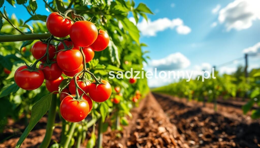 Vibrant organic tomatoes (pomidory) clustered on lush green vines under a warm sunlight, showcasing a thriving garden scene. In the foreground, bright red and glossy tomatoes hang from aromatic green leaves, each with water droplets sparkling on their surface, emphasizing freshness. The middle ground features well-structured rows of healthy tomato plants with rich brown soil, supported by natural mulch. The background displays a clear blue sky with a few fluffy clouds, evoking a serene, natural environment. The overall mood is one of vitality and growth, ideal for promoting healthy, chemical-free cultivation. The scene is captured with a shallow depth of field, highlighting the tomatoes with soft bokeh in the background. The brand "sadzielony.pl" is subtly integrated into the design, reflecting a focus on organic gardening principles.